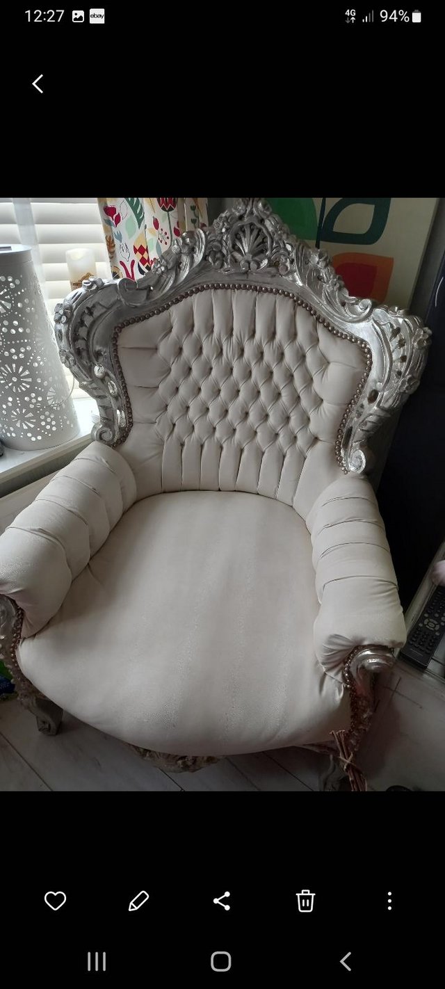 Preview of the first image of FRENCH ROCCO STYLE ORNATE CHAIR FAUX LEATHER USED.