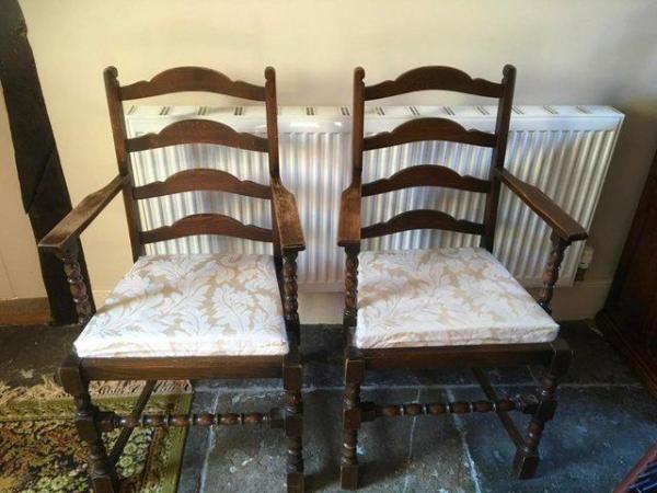 Image 1 of Pair of Oak Carver Chairs with Padded Seats