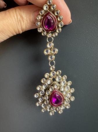 Image 3 of Big earrings Indian dangling, metal & kundan stones