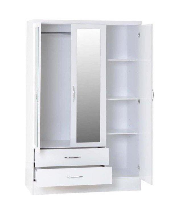 Preview of the first image of Nevada 3 door 2 drawer mirrored wardrobe in white.