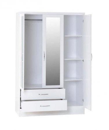 Image 1 of Nevada 3 door 2 drawer mirrored wardrobe in white