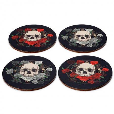 Image 2 of Set of 4 Cork Novelty Coasters - Skulls and Roses.
