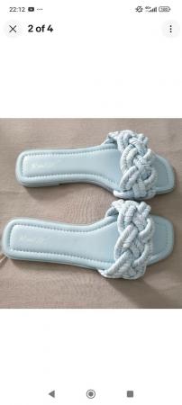 Image 3 of Ladies Light Blue Chunky Basketweave Flat Sandals. Size 6