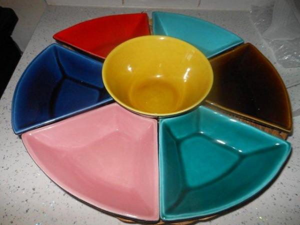 Image 3 of Lazy Susan Serving Ceramic Dishes on Tray Italian 1980s