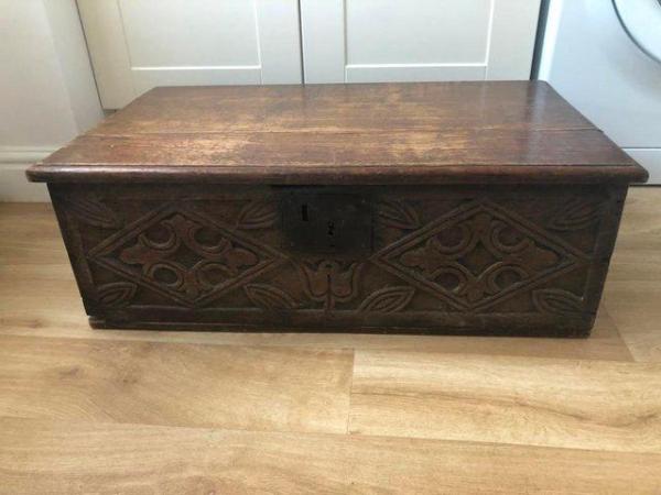 Image 1 of Antique Carved dark oak Bible Box