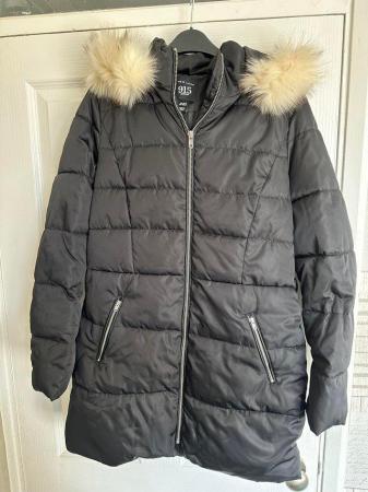 Image 1 of Girls black coat with faux fur on the hood