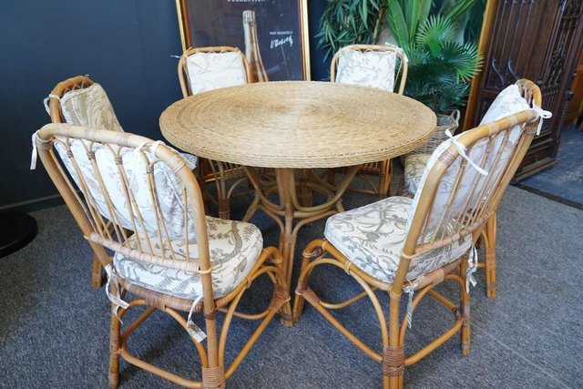 Image 4 of Mid C Wicker Dining Table & 6 'Peacock' Style Chairs 1970s