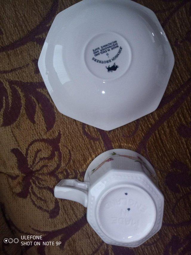 Preview of the first image of Eternal Beau coffee cups and saucers, 4 cups, 5 saucers.