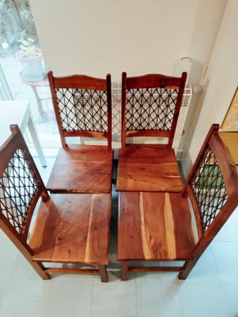 Image 1 of Solid wood 4 dining chairs with intricate cast iron detailin