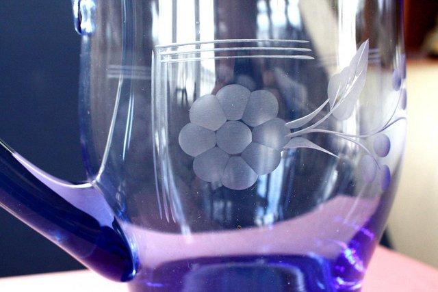 Image 2 of Large glass jug 7.5ins tall gradient blue & etched flowers