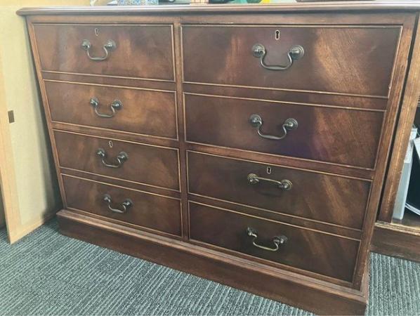 Image 1 of Antique reproduction four drawer lockable cabinet with leath