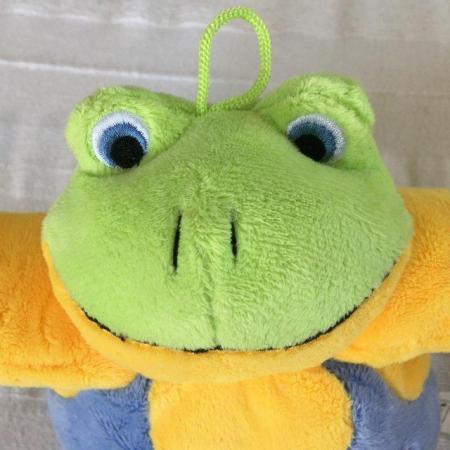 Image 3 of Amek soft plush toy frog with internal bell & hanging loop.