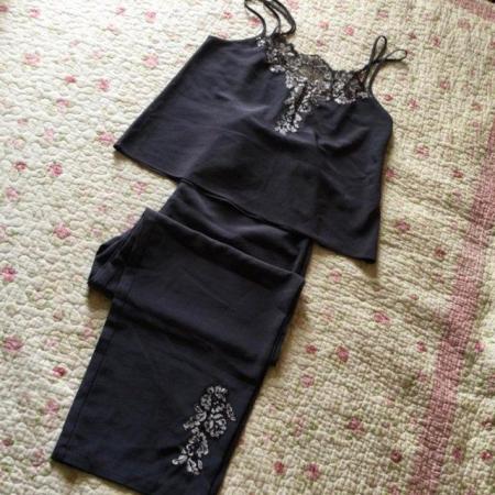 Image 9 of Sz 10/12 Posh PJs Set, Cami & Trousers, Dark Grey with Lace
