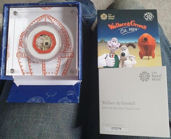 Image 1 of R.Mint 2019 Wallace & Gromit Silver Proof Coloured 50p