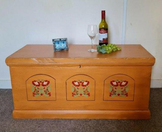 Image 2 of Vintage Folk Art Inspired Painted Chest Trunk Toy Box Coffee