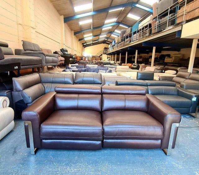 Preview of the first image of Moreno brown leather electric recliner 3 seater sofa.