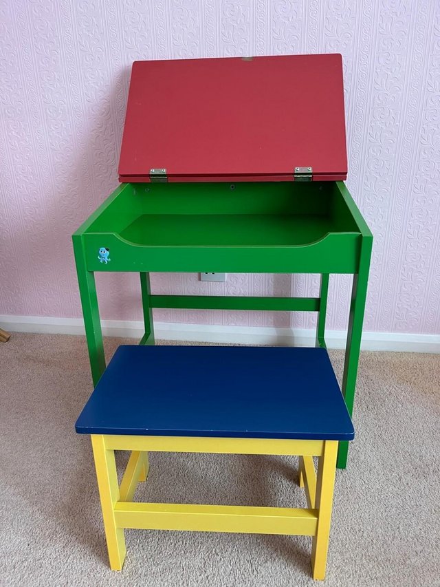 Preview of the first image of A Childs Wooden Desk and Stool.