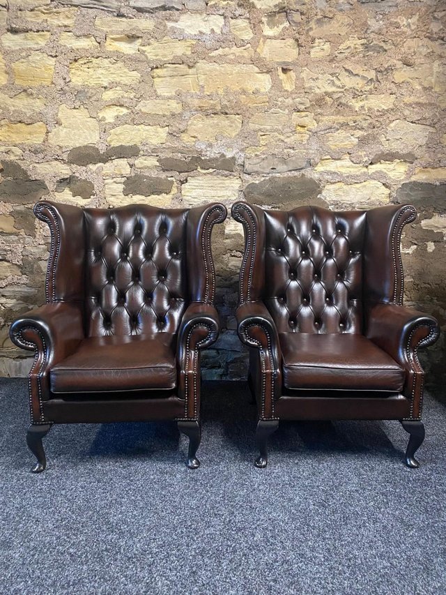 Preview of the first image of Queen Anne Wingbacked Armchair Brown Leather x 2.