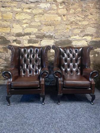 Image 1 of Queen Anne Wingbacked Armchair Brown Leather x 2