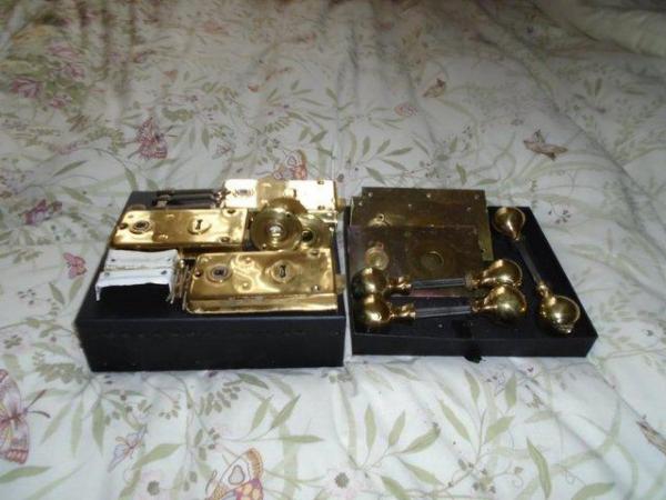 Image 2 of 3 Solid brass Legge vintage locks with key/plate/door knobs