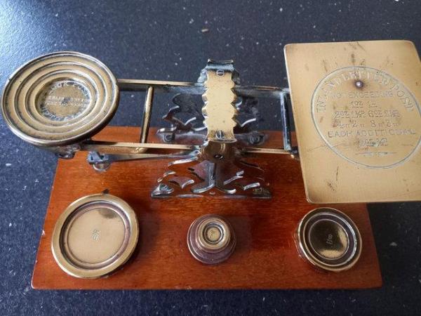Image 2 of Antique brass postal scales with six weights