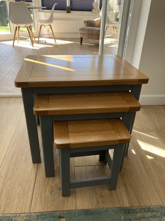 Preview of the first image of Solid Oak topped corner tv unit ,nest of tables to match.