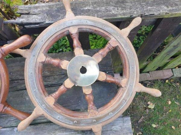 Image 5 of 2 boat steering wheels brass and wood 23ins long