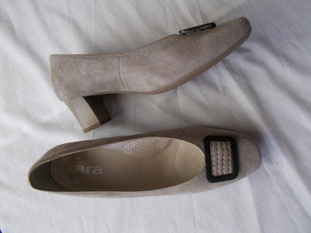 Preview of the first image of Beige suede, block heel courts, Size 5.5.  With box.