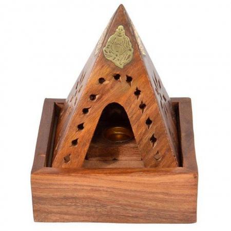 Image 3 of Sheesham Wood Pyramid Incense Cone Burner Box with Buddha &
