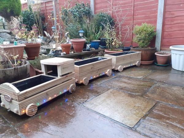 Image 1 of Train Garden Planter set fully lined with ground sheet mate.