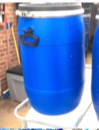 Image 1 of 60 litre plastic clamp lid barrel £20
