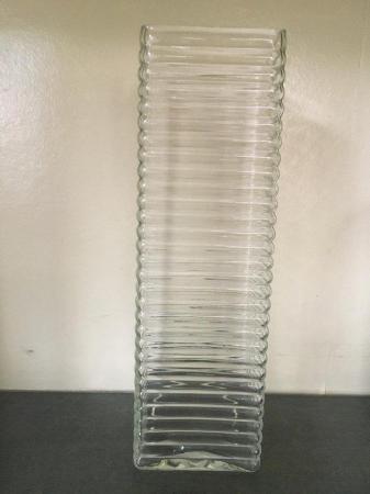 Image 1 of Impressive, tall, ribbed, square clear glass vase.