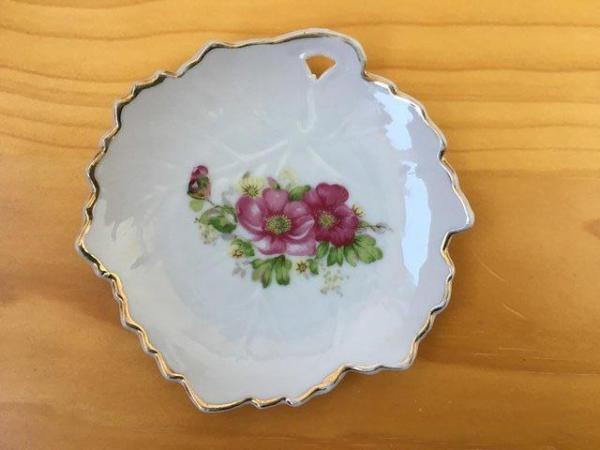 Image 2 of Vintage pin dish, leaf shape, with floral design.