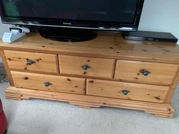 Image 1 of Low Pine Chest of 5 drawers / TV unit