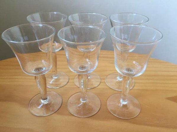 Image 1 of 6 vintage matching small stemmmed clear glasses.