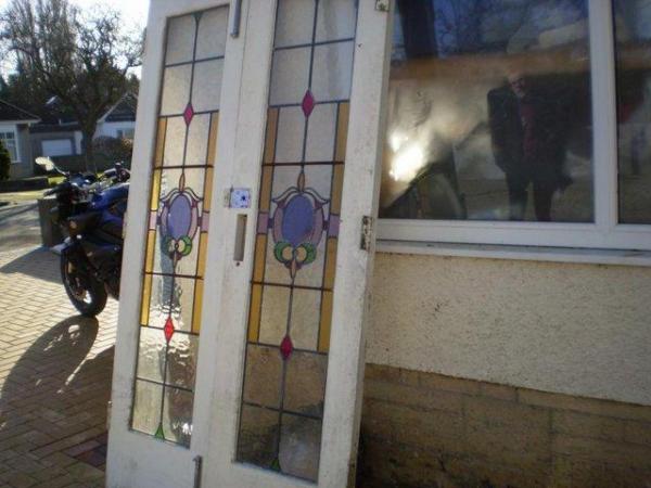 Image 2 of LEADED LIGHT COLOURED GLASS HOME FRONT DOUBLE DOORS.