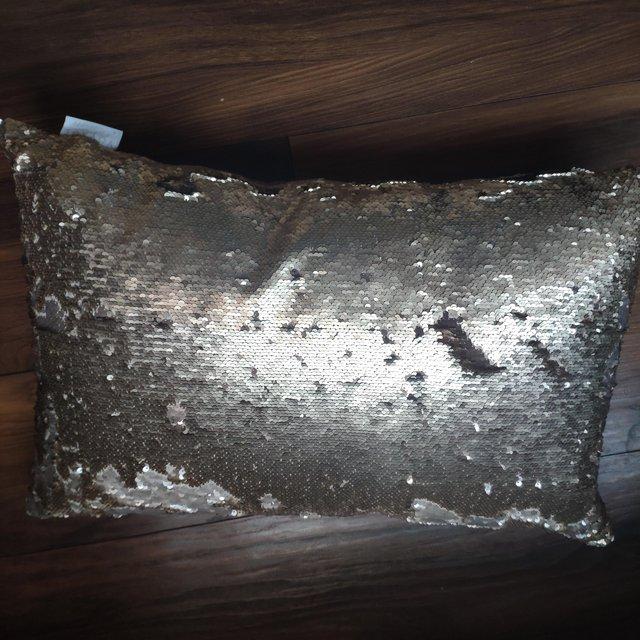 Preview of the first image of Brand New Reversible Silver/pale gold sequinned cushion.