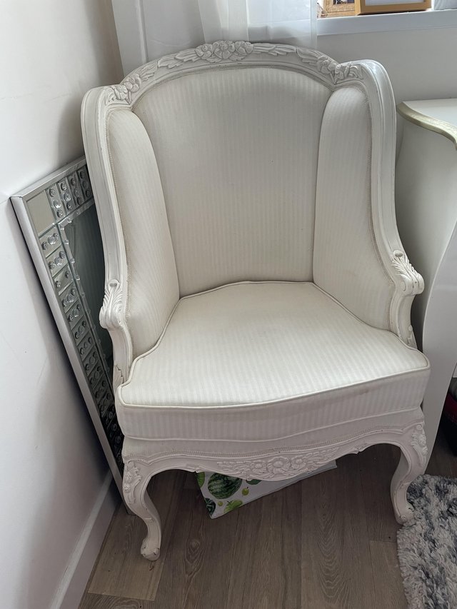 Preview of the first image of French style chair with wooden carved frame.