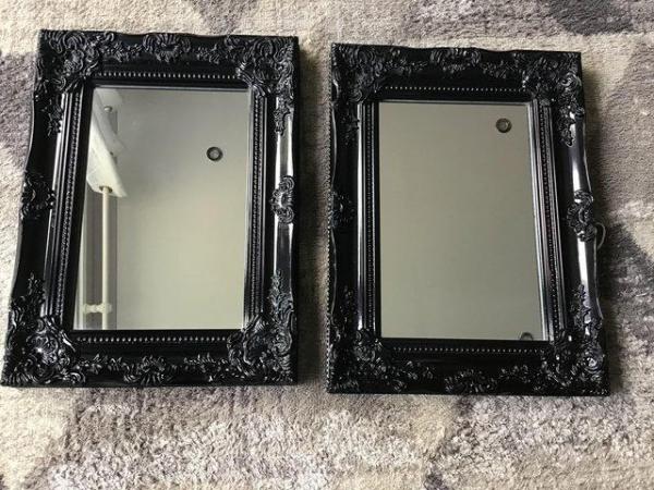 Image 2 of Pair Black lacquered Ornate Mirrors