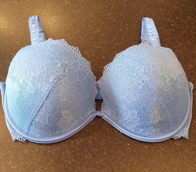 Preview of the first image of Blue Lace Plunge Bra, size 38F.