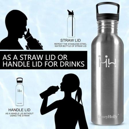 Image 4 of HoneyHolly Metal Water Bottle 750ml Stainless Steel + Straw