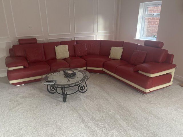 Preview of the first image of Red leather corner sofa.