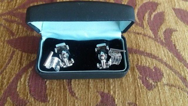 Preview of the first image of Motor Racing white metal cufflinks in gift box.