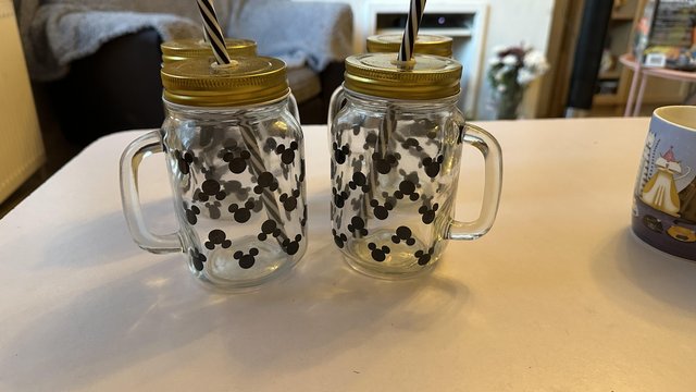 Image 3 of Disney Mickey head mason jar with lid and straw, set of 4