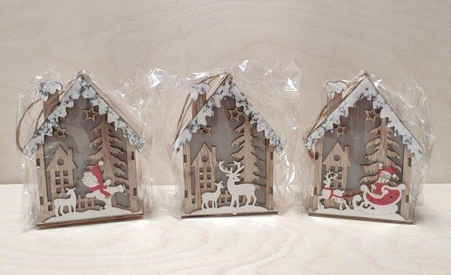 Image 3 of Set of 3 Hanging Christmas Wooden House with LED Warm Lights