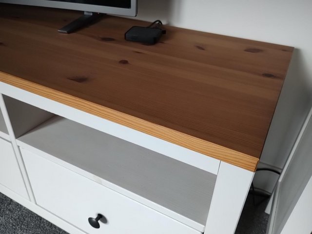 Preview of the first image of IKEA Hemnes TV unit - white with pine top.