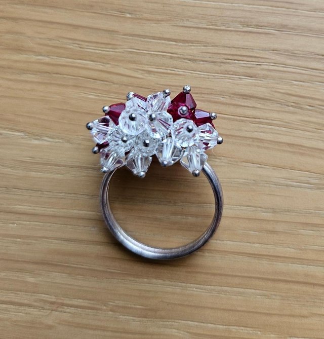 Preview of the first image of Silver Crystal Beaded Red and White Ring.
