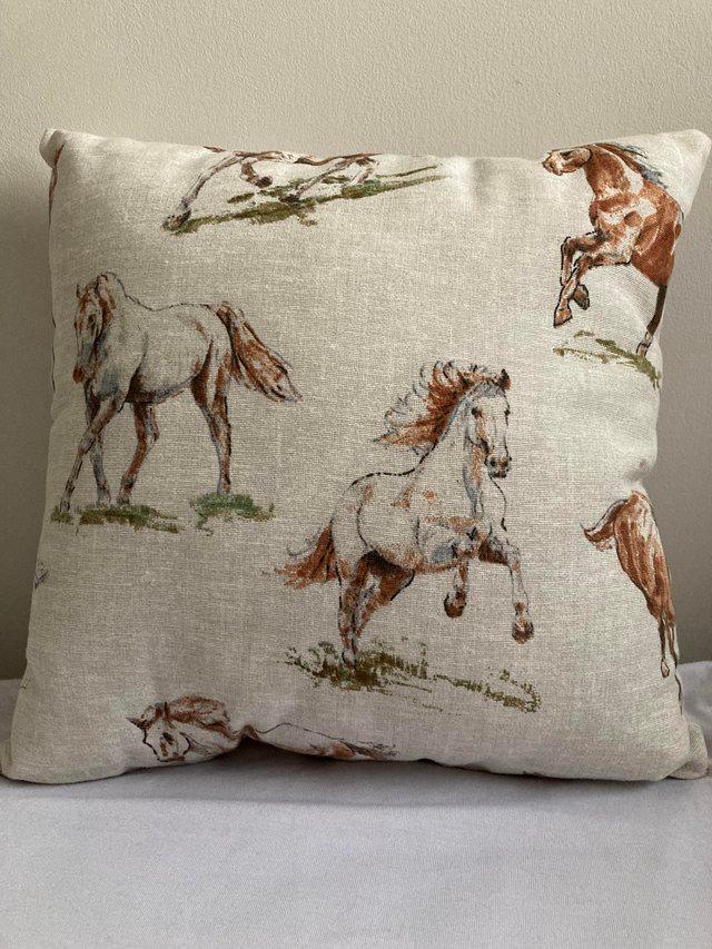 Preview of the first image of Horse Print Cushion and Cover (13”x13”).