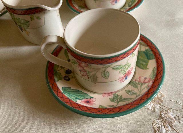 Preview of the first image of Johnson Brothers "Autumn Grove" 4 Cups & Saucers & Milk Jug.