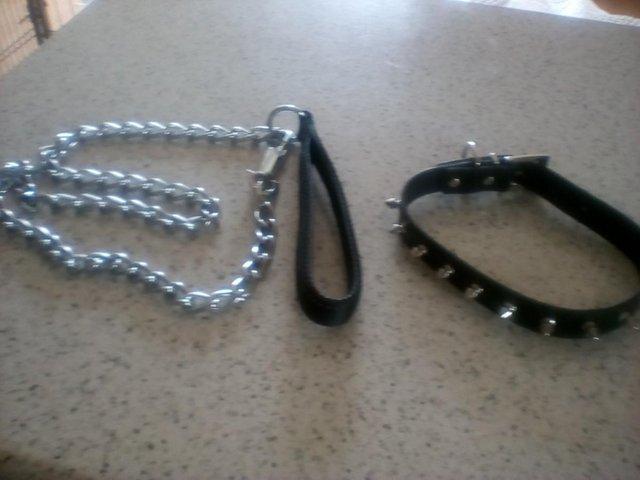 Preview of the first image of Heavy chain Dog Lead and Studded collar - unused.